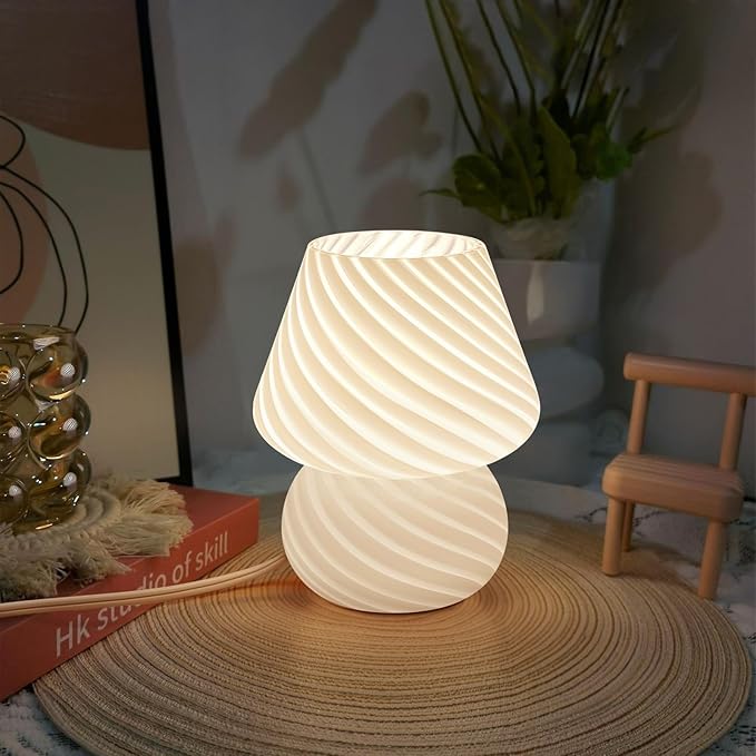ONEWISH Mushroom Lamp-Small Bedside Table Lamp with Striped Glass, Nightstand Lamp for Bedroom, Living Room, 3000K E26 Bulb Included(White)