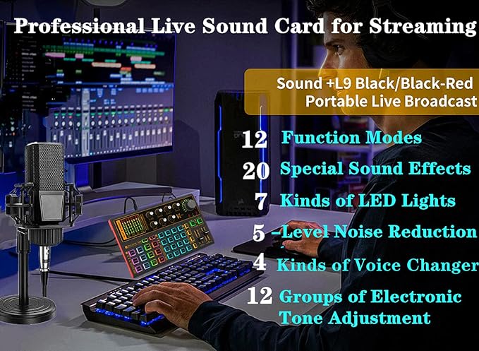 K300 Podcast Equipment Bundle, With Podcast Condenser Microphone, Voice Changer Sound Card with Multiple Sound Effects and LED Light, Prefect for Streaming/Podcasting/Gaming/Recording/YouTube/PC