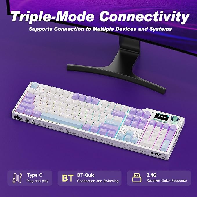 Ajazz AK35I V4 Customizable Wireless Gaming Mechanical Keyboard, Wired/Wireless 2.4G/BT, Gasket Structure, 10000mAh Battery, Full-Color RGB, 1.14-inch Color Screen, Knob, Multi-Function Keys.
