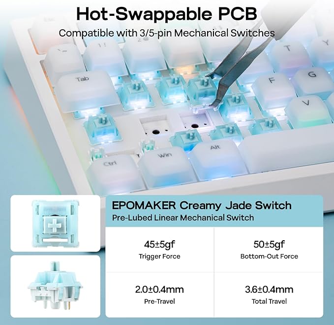EPOMAKER G84 PRO Wireless Gaming Keyboard with Screen&Knob, 75% Creamy Mechanical Keyboard, 8000mAh, Hot Swappable, Silicone Keycaps, BT5.0/2.4G/USB-C Mode, NKRO, RGB (White, Creamy Jade Switch)