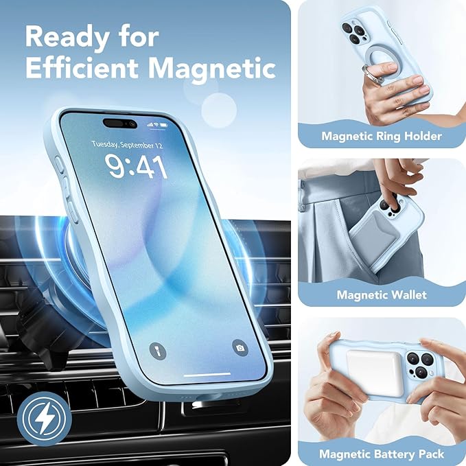 CAPRARO Cute for iPhone 15 Pro Case, Compatible with MagSafe, [Curly Wave Edge] [Full Camera Protection] [14 FT Drop Protection] Magnetic Phone Case for 15 Pro 6.1 Inch, Light Blue
