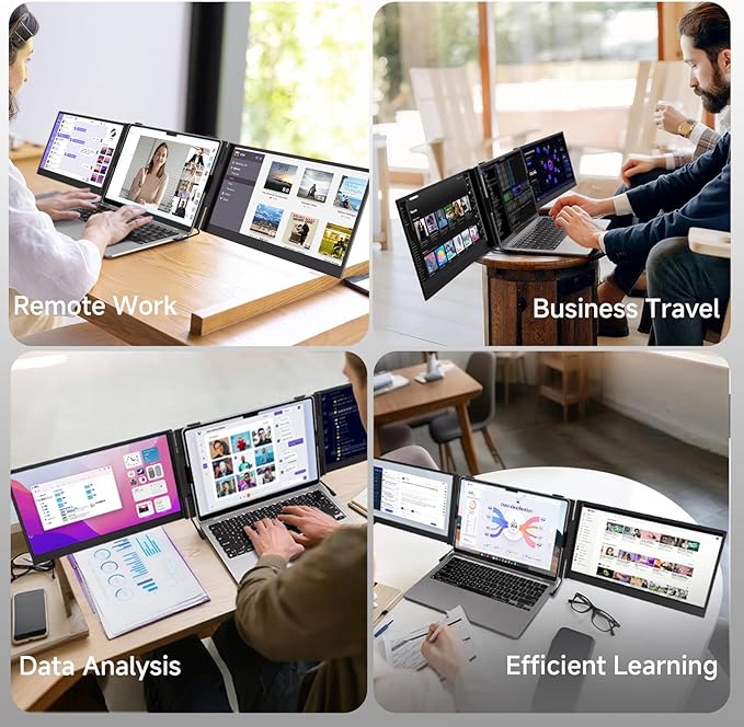 BOSII Laptop Screen Extender Monitor - Triple 14" Ultra Thin IPS FHD 1080P Portable Monitors for 13.3"-17" Laptops Compatible with Windows Mac Travel Work