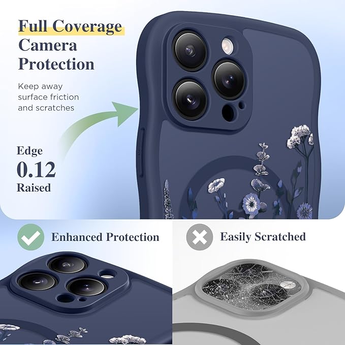 GVIEWIN for iPhone 16 Pro Max Case Compatible with MagSafe [Curly Wave Edge][Full Camera Protection] Floral Translucent Shockproof Magnetic Women Phone Case for 16 Pro Max, Floratopia/Blue