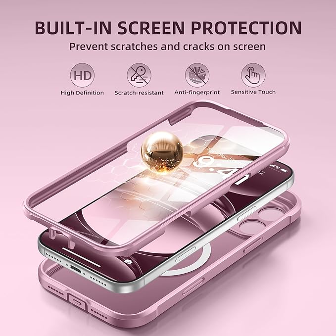 BERFY for iPhone 17 Pro Max Case, Compatible with MagSafe, Built-in Glass Screen Protector, Camera Protection, Shockproof Full Body Phone case 6.9", Translucent Palevioletred