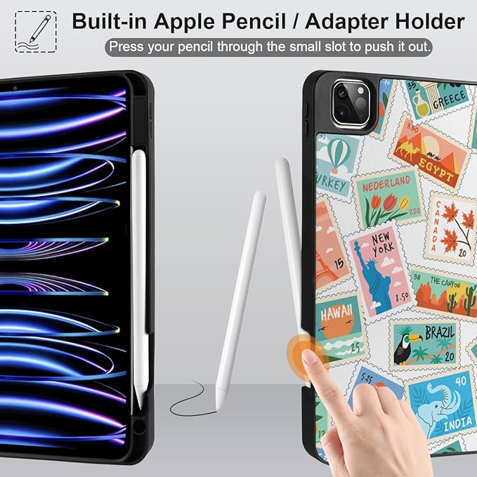 DONGKE Case for 2022/2021/2020/2018 iPad Pro 11 inch Gen 4/3/2/1 - Slim Protective Case - Built in Pencil Holder Support Charging - Trifold Stand & Sleep/Wake Cover- Post Stamps