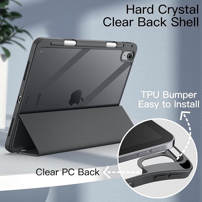 JETech Case ONLY for iPad Air 11-Inch M4/M3/M2 (2026/2025/2024), iPad Air 5/4 (2022/2020 5th/4th) with Pencil Holder, Clear Transparent Back Slim Stand Shockproof Tablet Cover (Dark Grey)