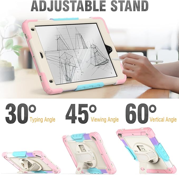 HXCASEAC Rugged Case for iPad Pro 9.7, iPad Air 2, 9.7 inch, Full Body Protective Design with Pencil Holder, Built-in Screen Protector, Rotating Stand, Hand Strap, for iPad Air 2 Hard Case (Pink)
