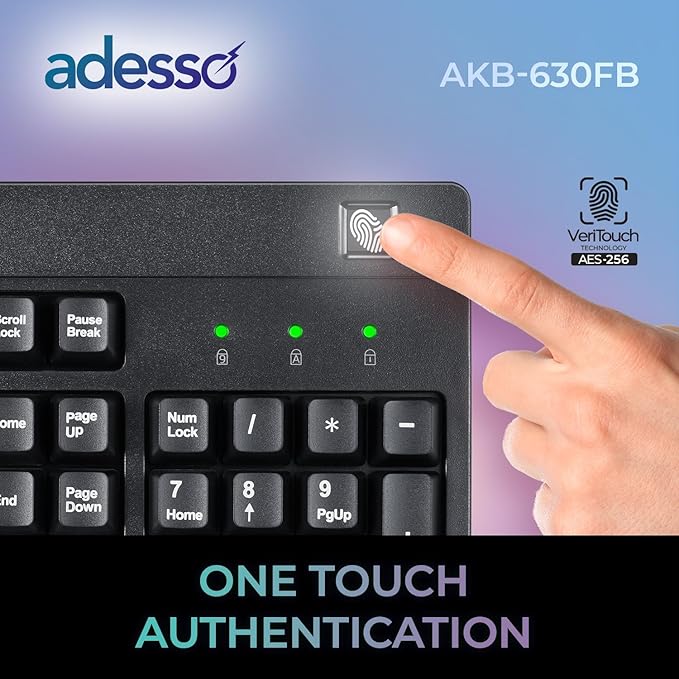 Adesso TAA Compliant Fingerprint Keyboard with AES 256 Encryption USB Wired Full Size 104 Key Layout Windows Hello Compatible Made in Taiwan for Government Business Education AKB-630FB-TAA