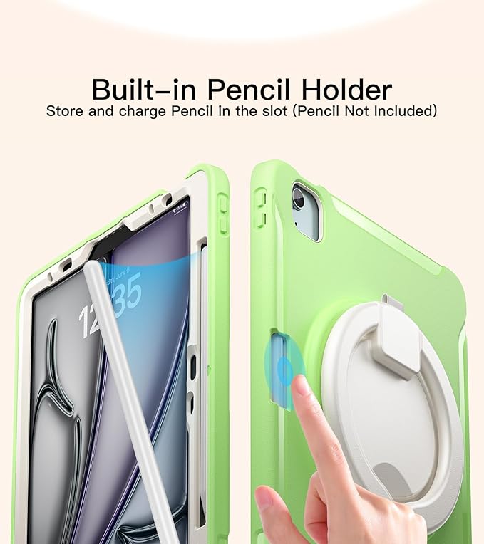 BATYUE Shockproof Case for iPad Air 11" M2/M3/M4, Air 4/5 10.9", iPad Pro 11" 1st-4th Gen 2018-2022 | 360° Multi-Angle Stand (Portrait & Landscape) & Grip, Built-in Pencil Holder, Match Green