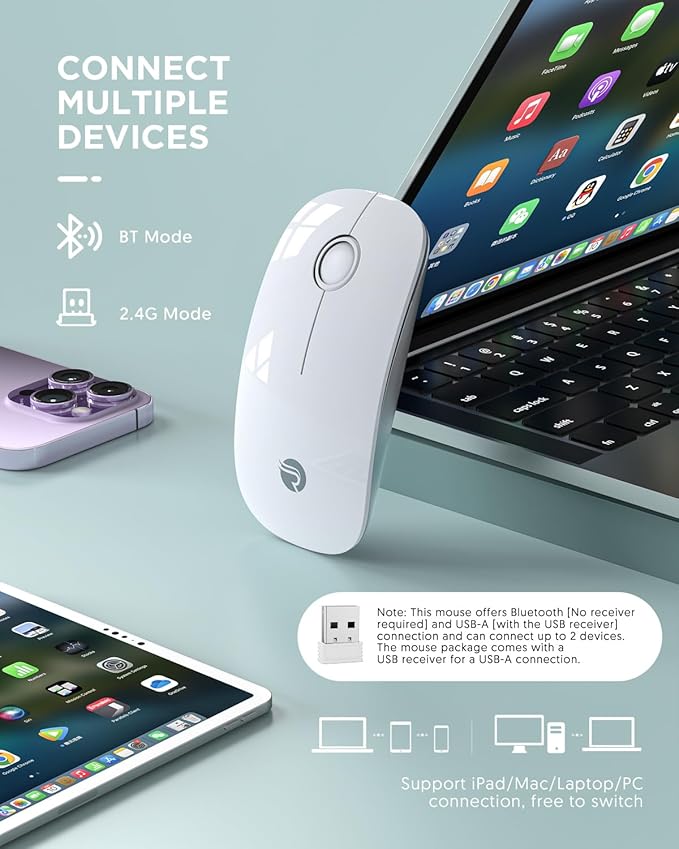 RAPIQUE Bluetooth Wireless Mouse - (BT5.1+USB) Slim Dual Mode Computer Mice with Quiet Click, Low Power, and 1600 DPI, Portable Cordless for MacBook, Laptop, iPad Pro/Air, Chromebook (White)