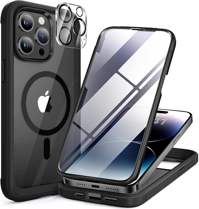 Miracase Magnetic for iPhone 14 Pro Max Case 6.7 inch, (Compatible with MagSafe) Upgrade Full-Body Clear Phone Bumper Case with Built-in 9H Tempered Glass Screen Protector, Magnetic Matte Black