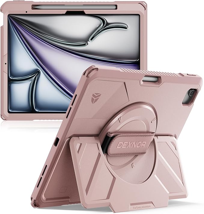 Dexnor Case for iPad Air 13 inch M4/M3/M2 (2026/2025/2024), Rugged Protective Case with 360° Rotating Hand Strap& Steady Stand& Screen Protector& Pencil Holder Shockproof Full-Body Bumper Cover, Pink