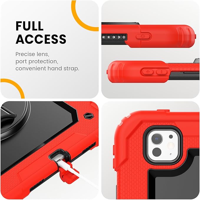 timecity Case for iPad Pro 11 Inch M5 2025 / M4 2024, 360° Rotating Stand, Pencil Holder & Wireless Charging, Shockproof with Screen Protector & Shoulder Strap - for Designers & Professionals, Red