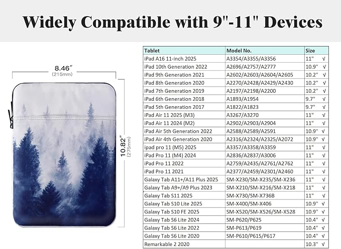 TiMOVO 9-11" Tablet Sleeve Bag for iPad 11-inch A16 2025, iPad 10.9"/10.2"| Air 11 Inch/5th/4th Gen. 10.9", Galaxy Tab A9+/A11Plus 11", Protective Bag Fit Smart Keyboard, Gray Forest