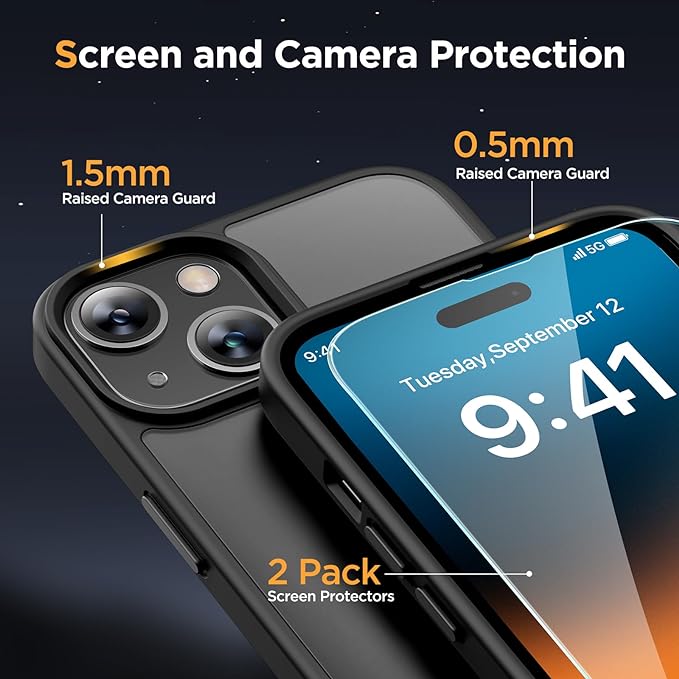 Miracase Magnetic for iPhone 15 Case (Compatible with MagSafe)（with 2X Screen Protectors） Military-Grade Protection, Anti-Fingerprint Translucent Matte Phone Cover for iPhone 15 6.1 inch, Black