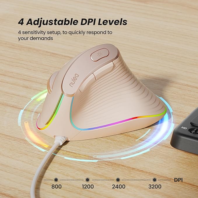 Nulea M504 Wired Vertical Mouse, USB Ergonomic Optical Mouse with 4 Adjustable DPI, 11 RGB Backlight Modes, Compatible for Laptop, PC, Desktop, Mac, Pink