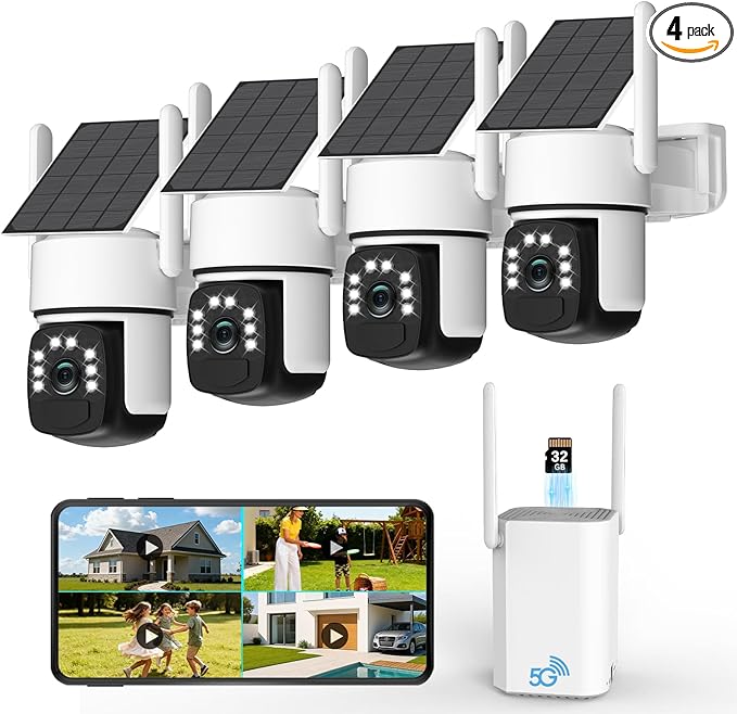 Solar Security Cameras Wireless Outdoor,4 Cam-Kit,Solar-Powered,No Subscription,Home Security Cameras System with 4MP Color Night Vision,Auto Tracking,Spotlight & Siren,64GB Memory Card,2.4 & 5G WiFi