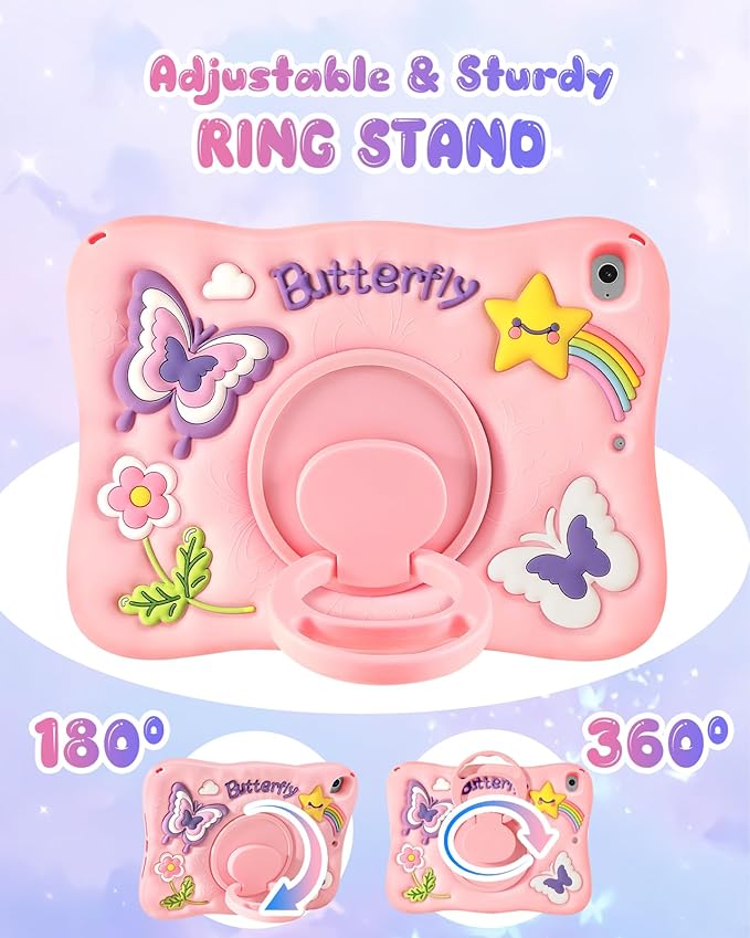 Kidcube for iPad Mini 4 Case, for iPad Mini 5 Case 2015/2019 - Girls Cute Girly Kawaii 3D Butterfly Design Cover with Rotating Stand & Strap Silicone Teens Women for iPad Mini 4th/5th Generation Cases