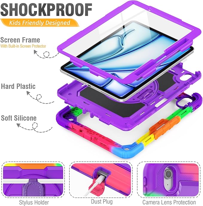HXCASEAC Shockproof Case for iPad Air 11 inch M4 M3 M2 (2026 2025 2024), Full Body Protective with Pencil Holder, Built-in Screen Protector, Rotating Stand, Hand Strap, for iPad Air 11 Case (Pink)