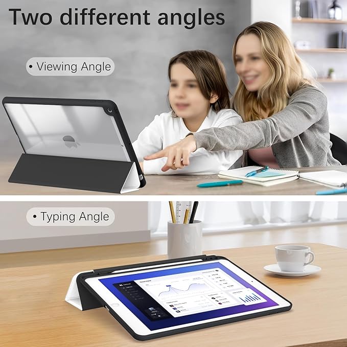 Case for iPad 9th / 8th / 7th Generation (2021/2020/2019) 10.2 inch, Case with Pencil Holder, Stand Clear Back Cover Cute Cool Design for Women Girls, Auto Sleep/Wake, Blue Flower