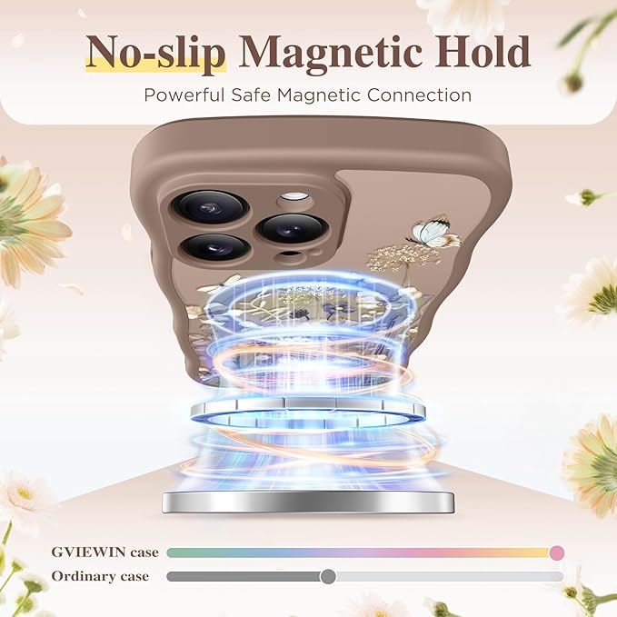 GVIEWIN for iPhone 15 Pro Case Compatible with MagSafe [Curly Wave Edge][Full Camera Protection] Floral Translucent Shockproof Magnetic Women Phone Case for iPhone 15 Pro 6.1'', Autumnflit/Brown