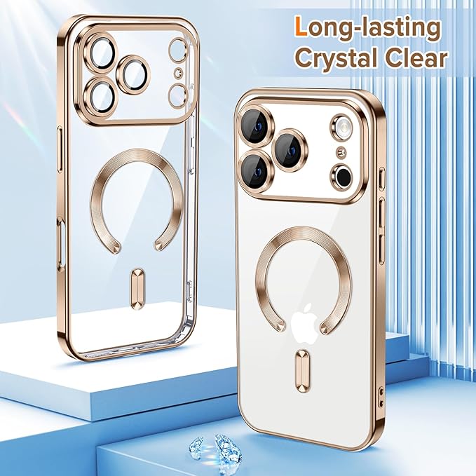 Hython Magnetic Clear for iPhone 17 Pro Case with Camera Lens Protector [Compatible with MagSafe] Luxury Plating Edge Slim Soft TPU Cover Protective Phone Case for iPhone 17 Pro 6.3", Desert Brown
