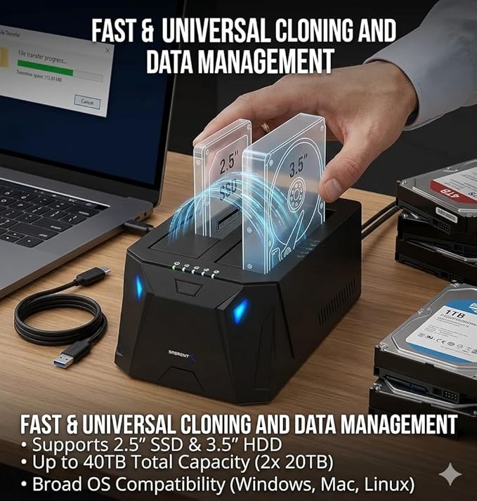 SABRENT USB 3.0 to SATA I/II/III Dual Bay External Hard Drive Docking Station for 2.5 or 3.5in HDD, SSD with Hard Drive Duplicator/Cloner Function [20+TB Support] (EC-HD2B)