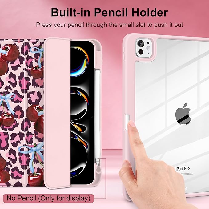 TWOLSKOO Case for iPad Pro 11-inch (M5 2025 / M4 2024), Clear Acrylic Back with TPU Bumper, Pencil Holder, Trifold Stand, Auto Sleep/Wake, Bows & Cherries