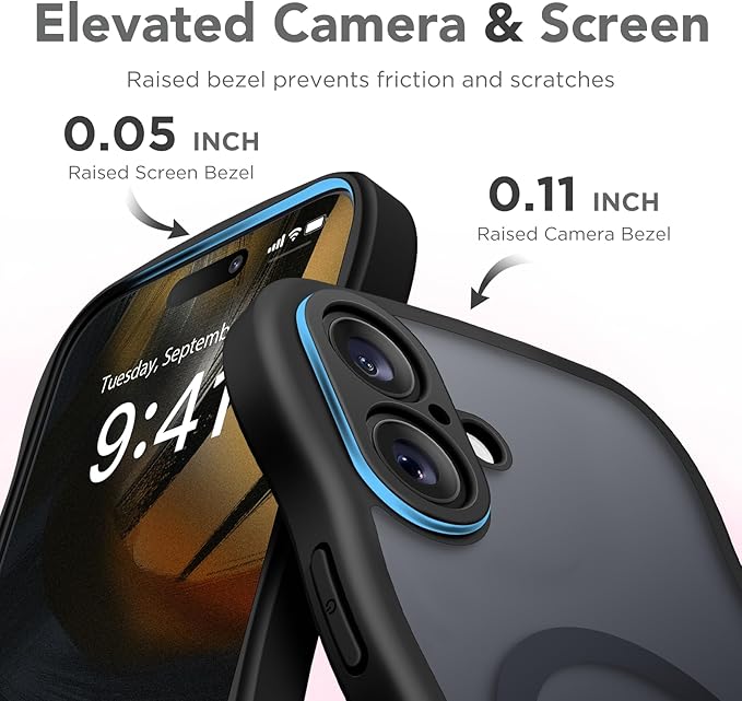 CAPRARO for iPhone 16 Case for Women Girls, Upgraded [Full Camera Protection] [Compatible with MagSafe] Cute Wave Translucent Matte Phone Case for iPhone 16, Black