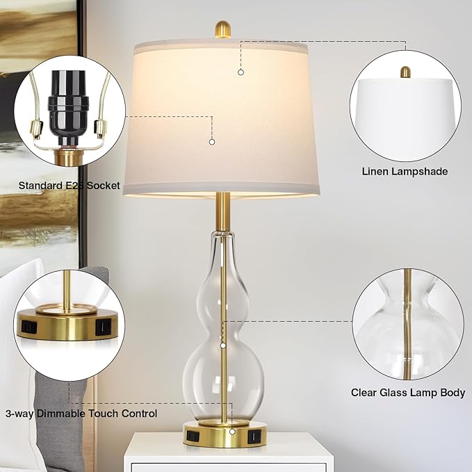 Rinweey 27.5" Clear Glass Table Lamp Set of 2,3-Way Dimmable Touch Control Bedside Lamps with USB Ports and AC Outlet, Modern Nightstand Lamps Gold lamp for Bedroom Living Room