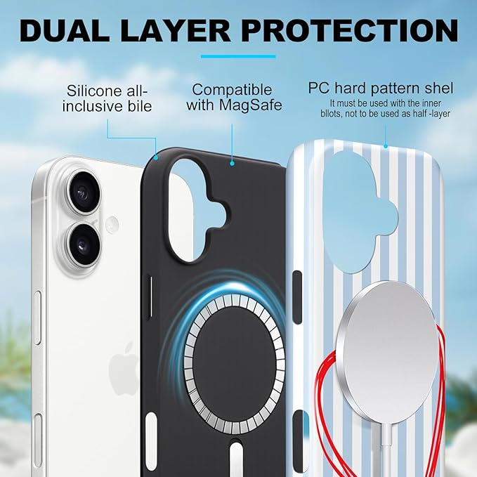 Magnetic for iPhone 16 Case Cute Blue Heart Stripes Phone Case, Love Shockproof Slim TPU and Hard PC Protective Phone Cover Compatible with MagSafe Designed for Women Girls
