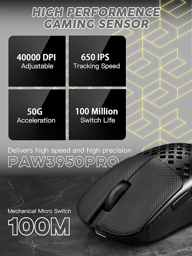 MAMBASNAKE M2 Carbon Fiber Wireless Gaming Mouse, PAW3395PRO 40K DPI, 1K Polling Rate 41g Ultralight Tri-Mode Ergonomic PC Mice, Cloud Driver AI Driver for PC/Mac/Win,Black&Tape