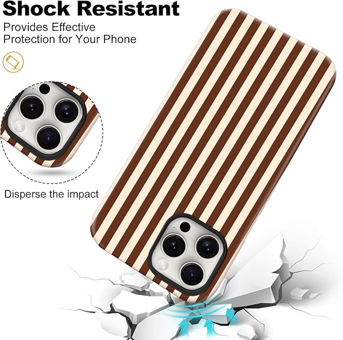 Magnetic for iPhone 14 Pro Case Cute Stripes Phone Case, Shockproof Slim TPU and Hard PC Protective Phone Cover Compatible with MagSafe Designed for Women Girls, Brown