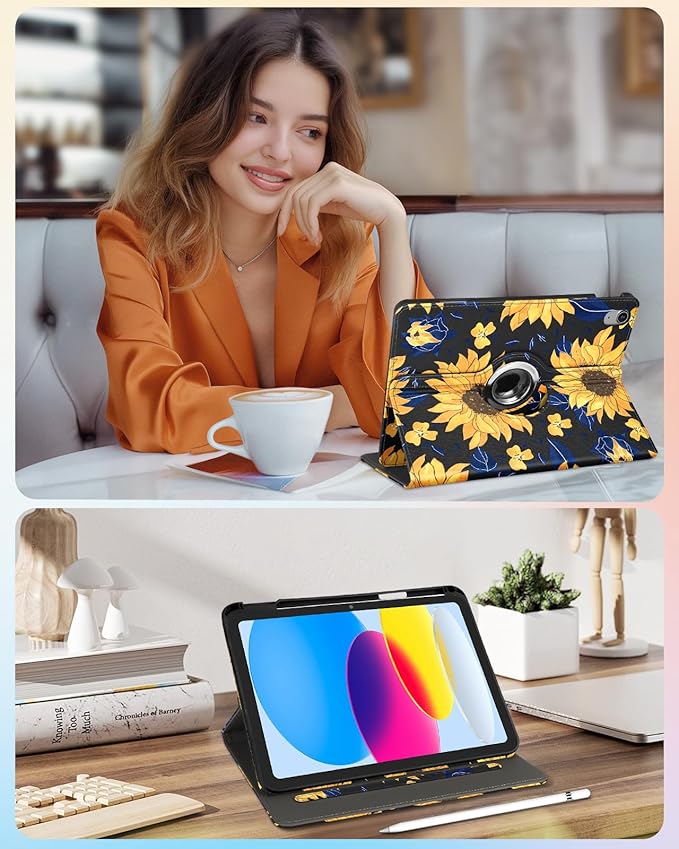 Kidcube for iPad 10th Generation Case 2022, for iPad (A16) Case 11th Generation 2025 - Women Girls Cute Rotating Stand Folio Cover with Pencil Holder & Card Slot Girly Kawaii Sunflower Design Cases