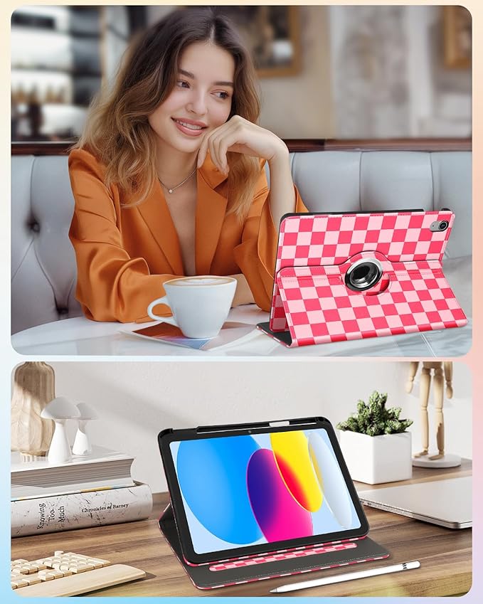 Kidcube for iPad 10th Generation Case 2022, for iPad (A16) Case 11th Generation 2025 - for Women Girls Cute Rotating Stand Folio Cover with Pencil Holder & Card Slot Girly Plaid Design Teens Cases