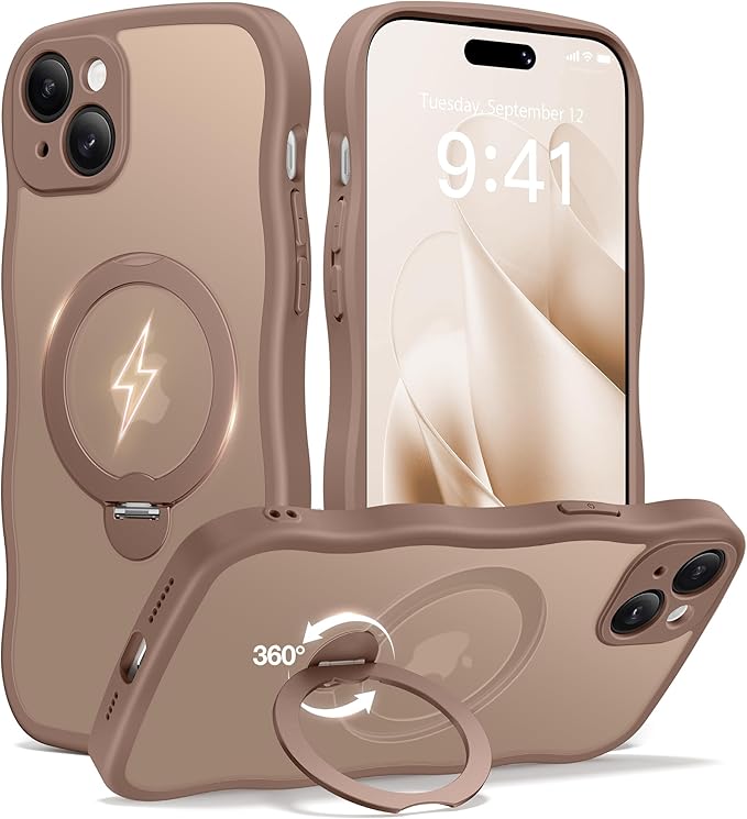 CAPRARO for iPhone 15 Plus Case with 360° Spin Magnetic Stand for Women, [Compatible with MagSafe] [Full Camera Protection] Cute Wave Translucent Matte Case for iPhone 15 Plus, Brown