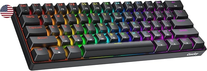 Geeky GK61 60% | Hot Swappable Mechanical Gaming Keyboard | 61 Keys Multi Color RGB LED Backlit for PC/Mac Gamer | ANSI US American Layout (Black, Mechanical Black)