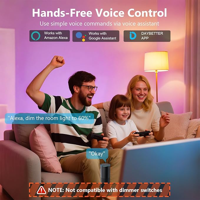 DAYBETTER Smart Light Bulbs, RGBCW Color Changing Smart Bulb Compatible with Alexa & Google Home,Preset Scene, Music Sync, A19 E26 2.4G WiFi Bluetooth Dimmable LED Bulbs, 60W Equivalent, 800LM, 4 Pack