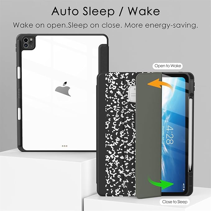 Soke Case for iPad Pro 12.9 Inch (6th/5th/4th/3rd Generation, 2022/2021/2020/2018) - Pencil Holder + Auto Sleep/Wake + Camera Protection, Transparent Shockproof Back Cover, Book Black