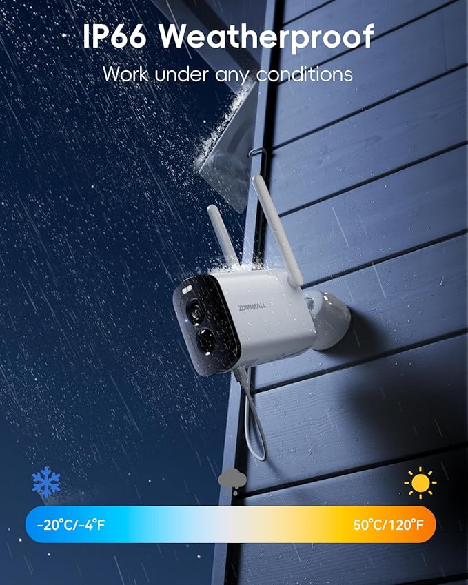 ZUMIMALL Solar Security Cameras Wireless Outdoor, 2K Camera for Home Security, Front Door, Yard & Garage, No Wiring, Color Night Vision, 2.4GHz WiFi, 2-Way Talk, Spotlight & Siren, IP66/Alexa/Cloud