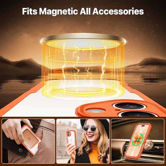 CENHUFO Magnetic Privacy for iPhone 17 Case [Compatible with Magsafe] Full Body Phone Case Built-in 9H Tempered Glass Privacy Screen Protector Camera Protection Shockproof Bumper Clear Cover -Orange