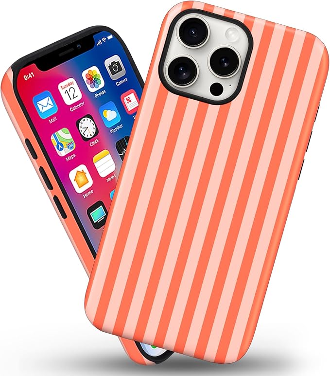 Magnetic for iPhone 16 Pro Case Cute Stripes Phone Case, Shockproof Slim TPU and Hard PC Protective Phone Cover Compatible with MagSafe Designed for Women Girls, Deep Orange