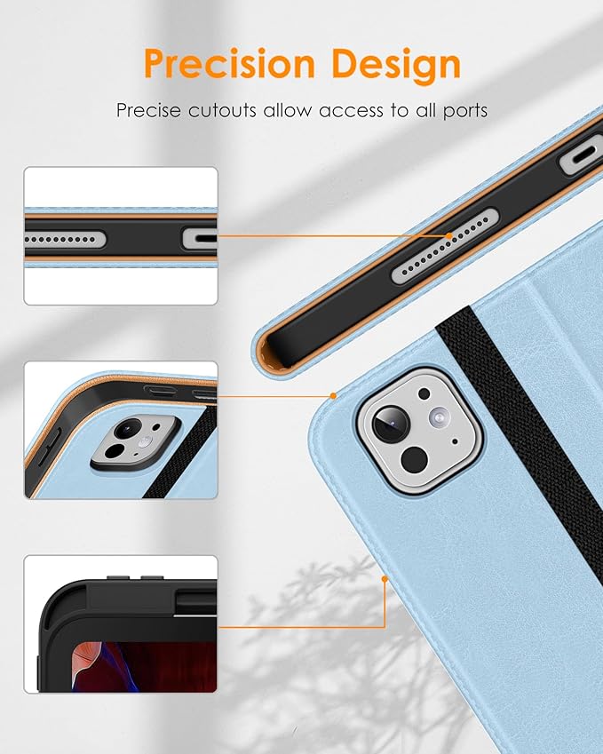 DTTO for iPad Pro 13 inch Case (M5/M4) 2025/2024, Premium Leather Business Folio Stand Cover with Pencil Holder - Auto Wake/Sleep & Multiple Viewing Angles, Built in Hand Strap & Pocket, Ice Blue