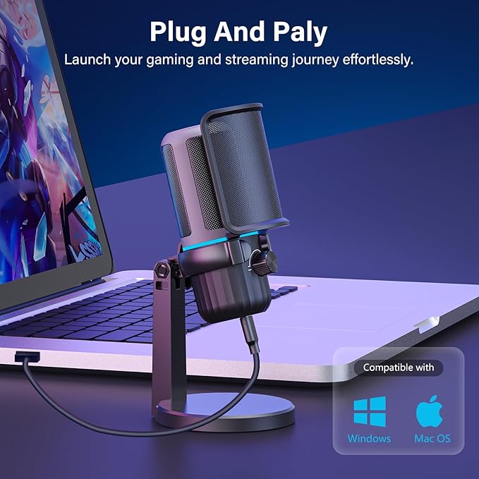 USB Condenser Gaming Microphone, PC Microphone for Streaming, Podcasts, Recording, Desktop Computer Mic with Mute Button & LED Indicator, Volume Control, Headphone Jack