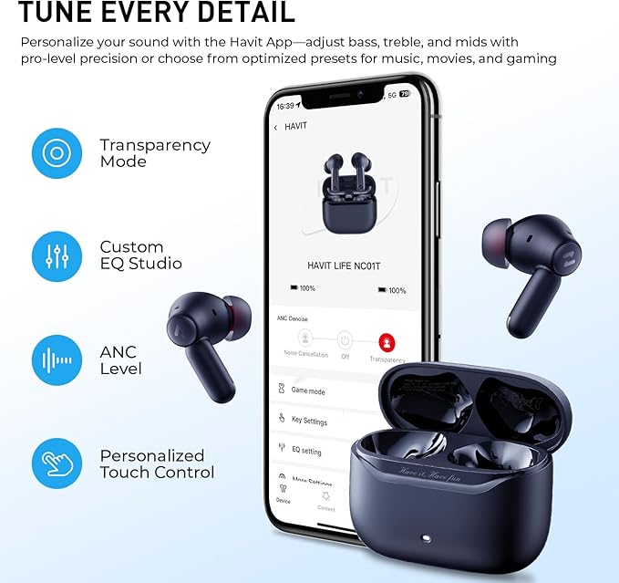 havit Hybrid Active Noise Cancelling Wireless Earbuds, Bluetooth 6.0 in-Ear Headphones, 6 Mics ENC Clear Call Ear Buds, 30+H Playtime, 3D Spatial Audio, Custom EQ via App, IPX5 Waterproof Blue