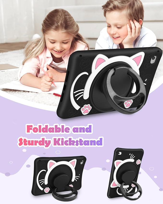 Wazzasoft for iPad mini 4/5 Case 7.9 Inch Girls Cute Black Cat Cover Kawaii Girly 3D Cartoon Women Kitten with Rotating Handle Stand & Strap Soft Silicone Funda for Apple iPad mini 5th/4th Gen Cases