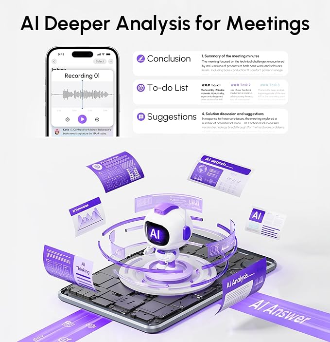 AI Voice Recorder & Transcriber with GPT-5.2 Analysis – 30-Hour Recording, 112-Language Speech-to-Text & Auto Summary for Meetings, Lectures & Interviews, Silver Grey