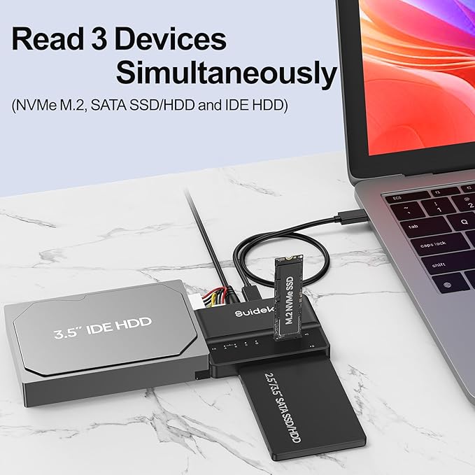 SUIDEK M.2 NVMe Adapter, USB 10 Gbps Hard Drive Reader Tool Free PCIe NVMe, SATA and IDE Adapter, M2 SSD Enclosure Supports (M Key&M+B Key) Any Sizes M.2 SSD, 2.5/3.5" SATA SSD HDD and 3.5" IDE HDD