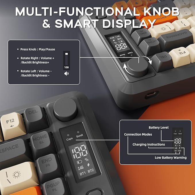 FREEWOLF M75 Wireless Gaming Keyboard Mechanical Feel Membrane with Knob & OLED Display Bluetooth/2.4Ghz Rainbow Backlit Gradient PBT Keycaps 2000mAH Battery Anti-Ghosting-Dark Grey