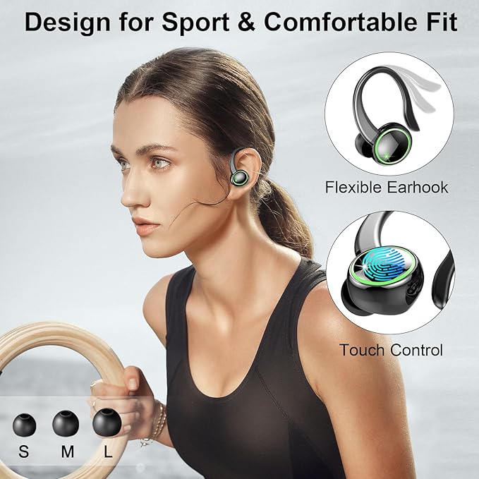 2026 Wireless Earbuds, Bluetooth 5.4 Headphones Sports, 50 Playback Over-Ear buds with ENC Noise Cancelling Mics, Deep Bass Fitness Earphones Gym Running Workout, IP7 Headset with Earhook, LED Display